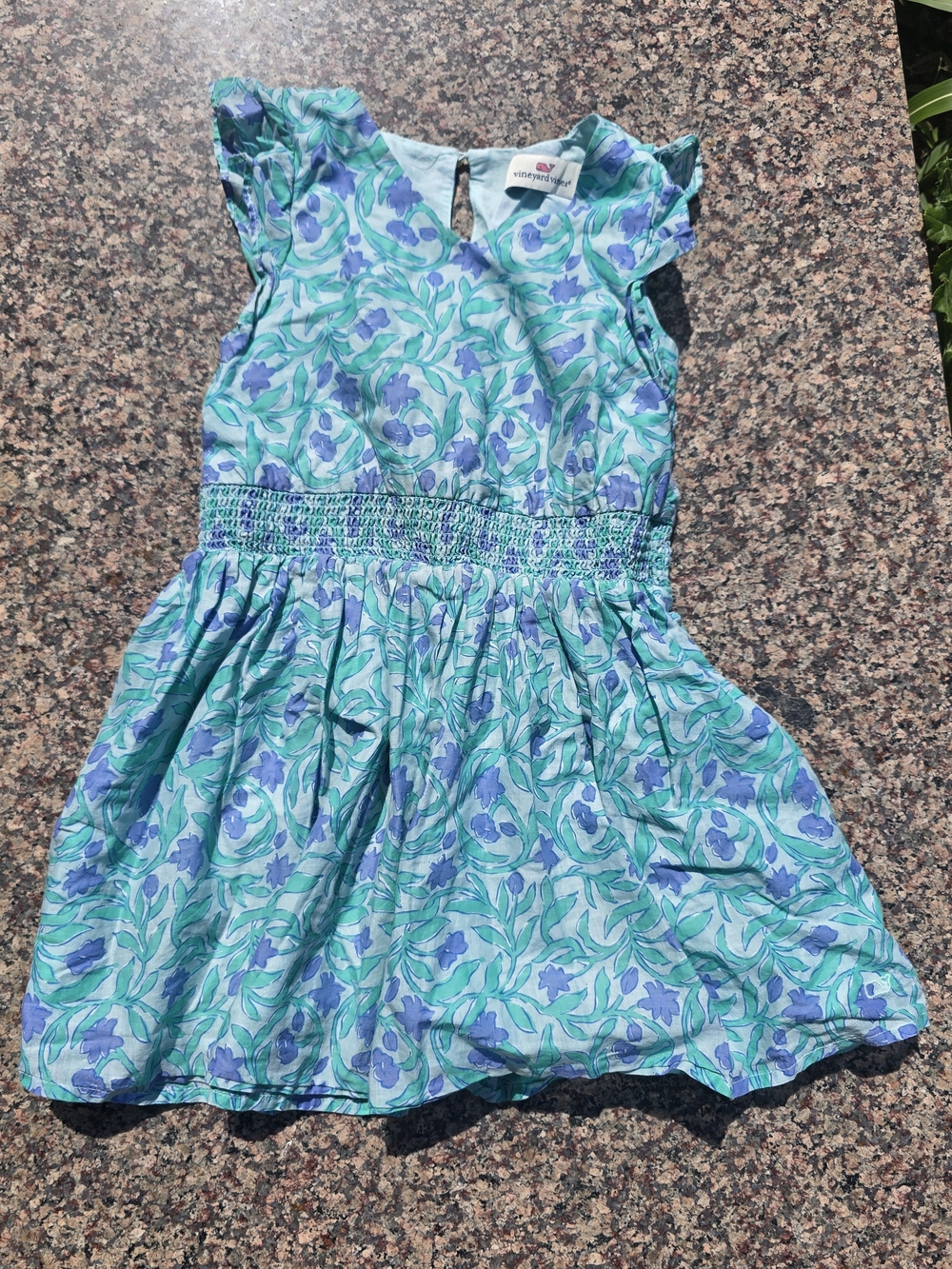 Vineyard Vines 100% Cotton Blue and Green Floral Smocked Waist Dress